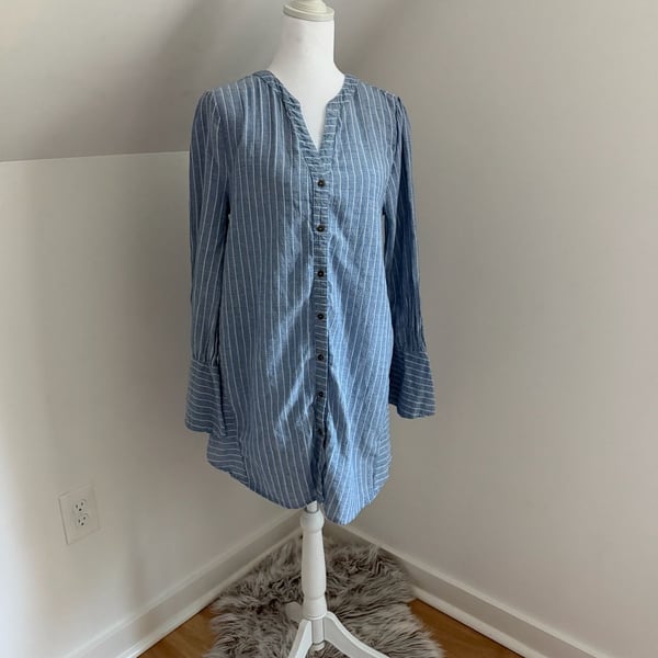Umgee Tunics Size M Blue White Striped Button Down V-Neck Dress
