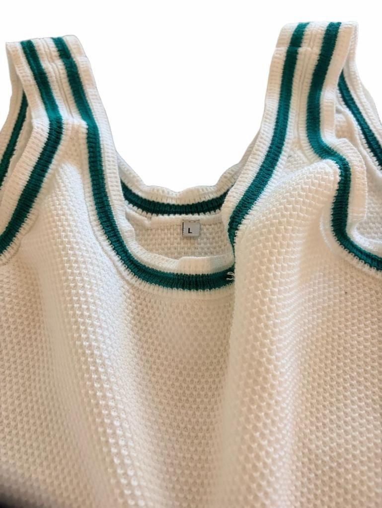 White Knit Tank And Skirt Set Set - L top M skirt Green Trim #187 3