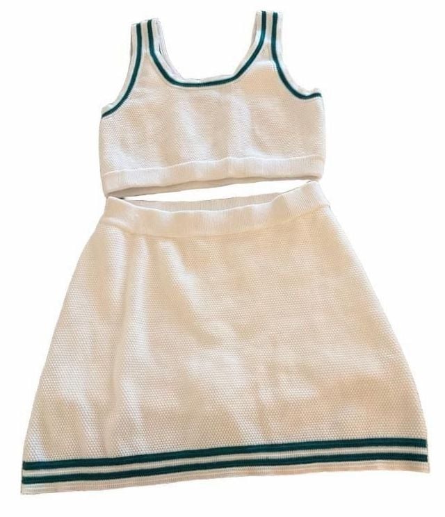 White Knit Tank And Skirt Set Set - L top M skirt Green Trim #187 1