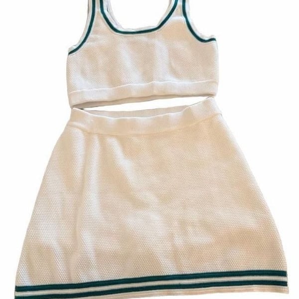 White Knit Tank And Skirt Set Set - L top M skirt Green Trim #187