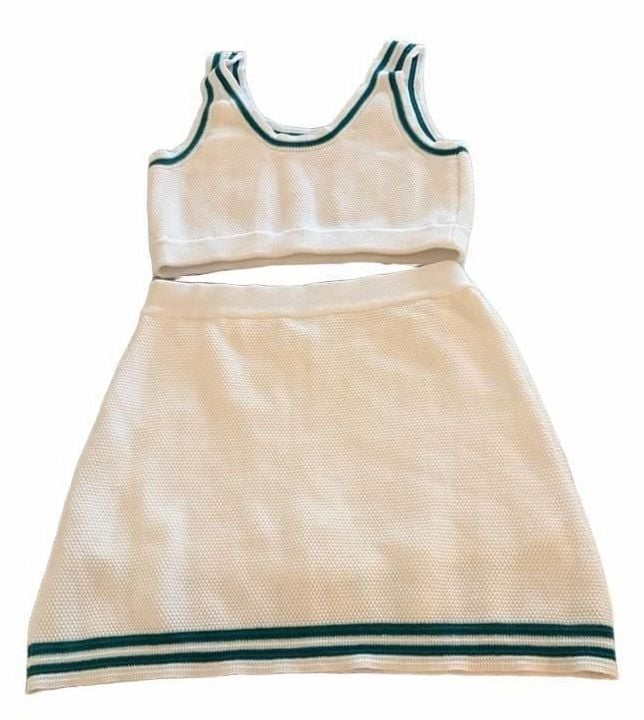 White Knit Tank And Skirt Set Set - L top M skirt Green Trim #187 4