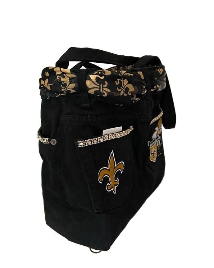 New Orleans Saints Team Fan Tote Bag Black Velvet Denim Upcycled Handmade NWOT 6