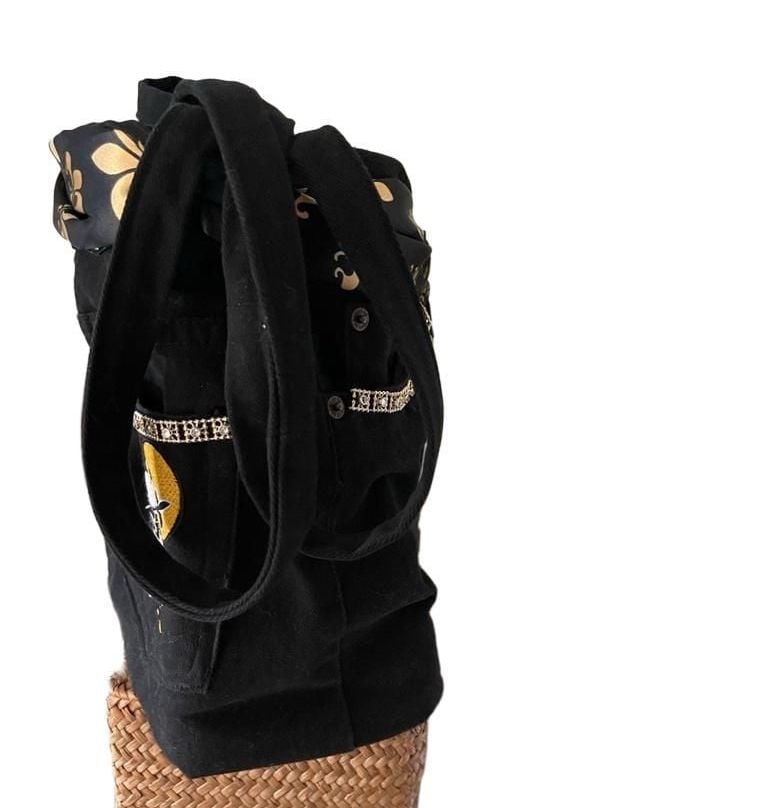 New Orleans Saints Team Fan Tote Bag Black Velvet Denim Upcycled Handmade NWOT 7