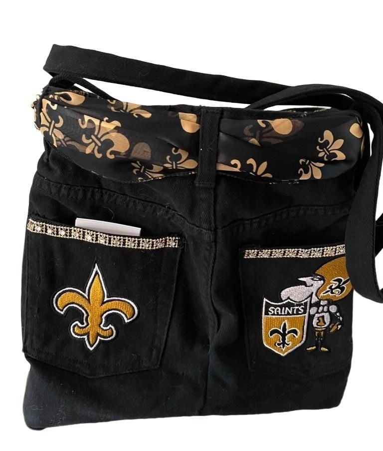 New Orleans Saints Team Fan Tote Bag Black Velvet Denim Upcycled Handmade NWOT 5
