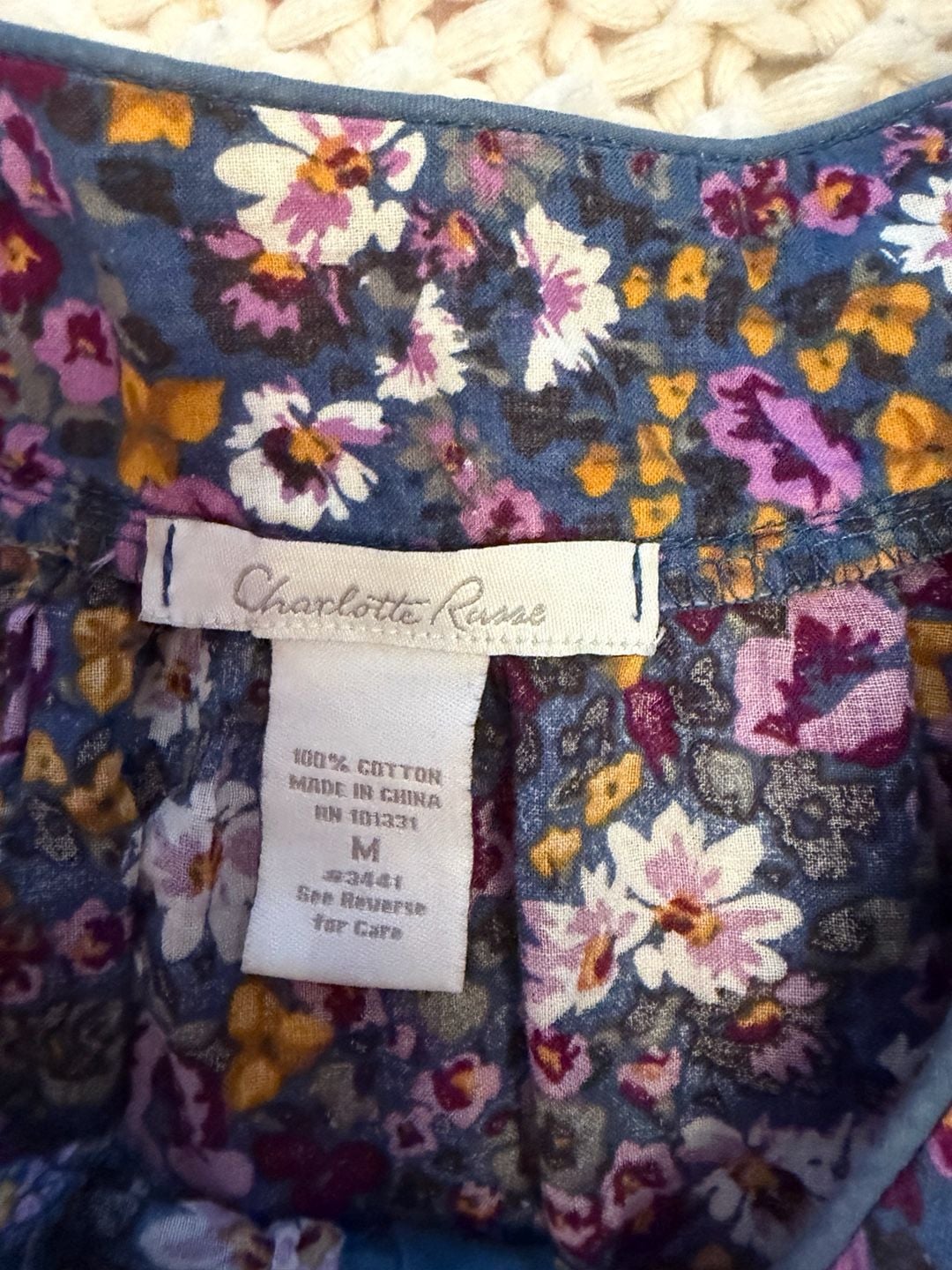Charlotte Russe Floral Blouse Size M Blue Cotton Short Sleeve 3