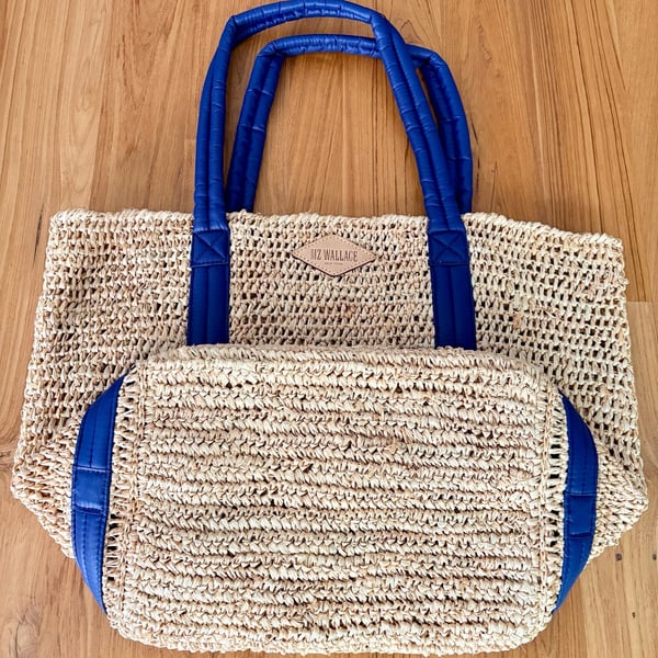 MZ Wallace Raffia Tote Bag Blue Leather Trim Straw Handbag New Without Tags