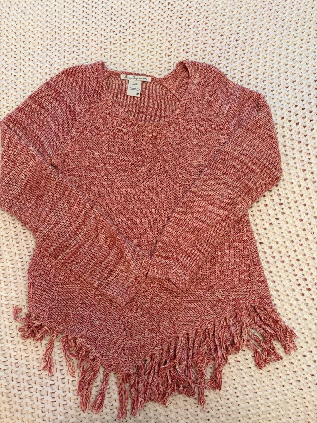 American Rag Sweater Size M Pink Fringe Marled Boho Pullover 2