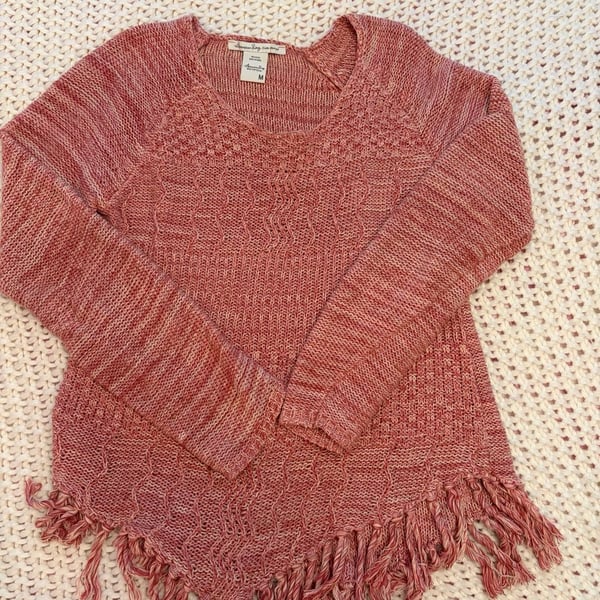 American Rag Sweater Size M Pink Fringe Marled Boho Pullover