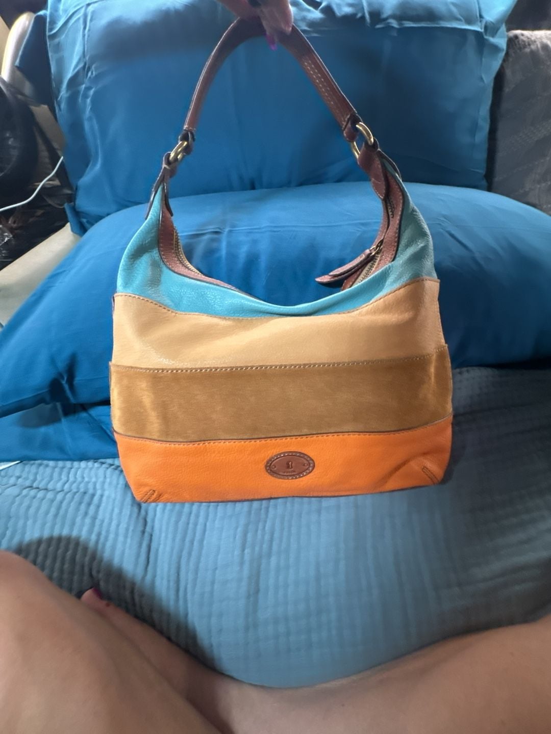 Fossil Tate Shoulder Bag Canvas/Leather Color Block Ivory Brown Tan Buckle Y2K 2