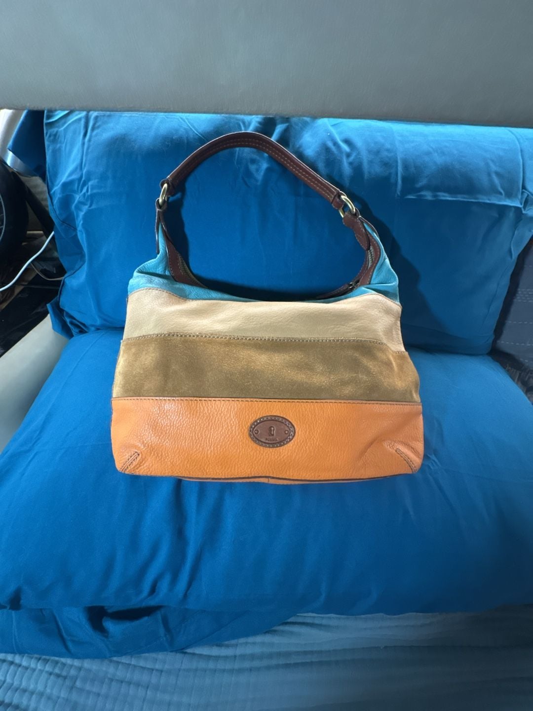 Fossil Tate Shoulder Bag Canvas/Leather Color Block Ivory Brown Tan Buckle Y2K 3