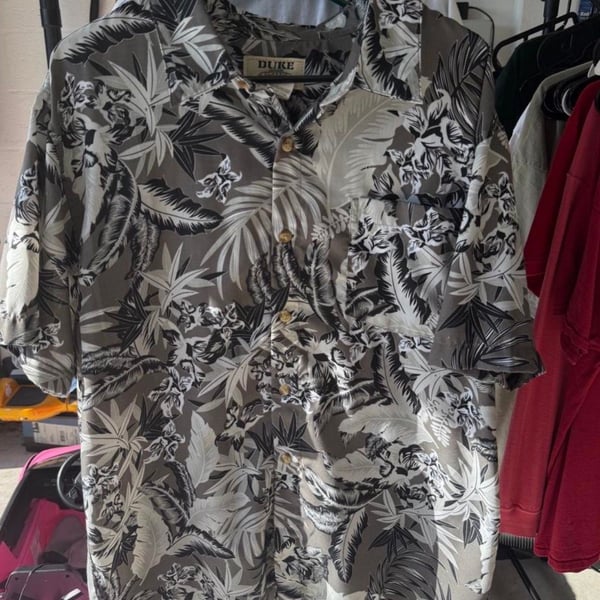 Duke Classic Jeans Palm Tree Print Short Sleeve Shirt Size L