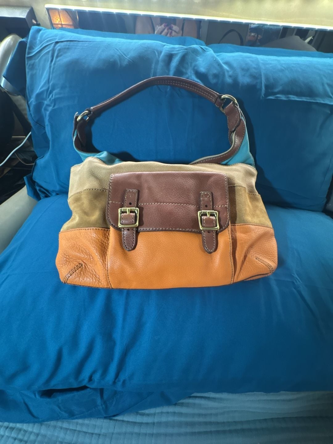 Fossil Tate Shoulder Bag Canvas/Leather Color Block Ivory Brown Tan Buckle Y2K 5
