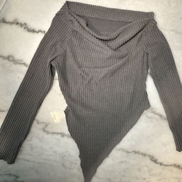 Asymmetrical Neck Ribbed Long Sleeve Top Gray