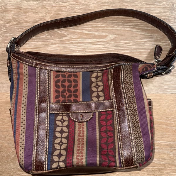 Vintage Fossil Shoulder Bag Multicolor Striped Tapestry Brown Leather Boho Y2K