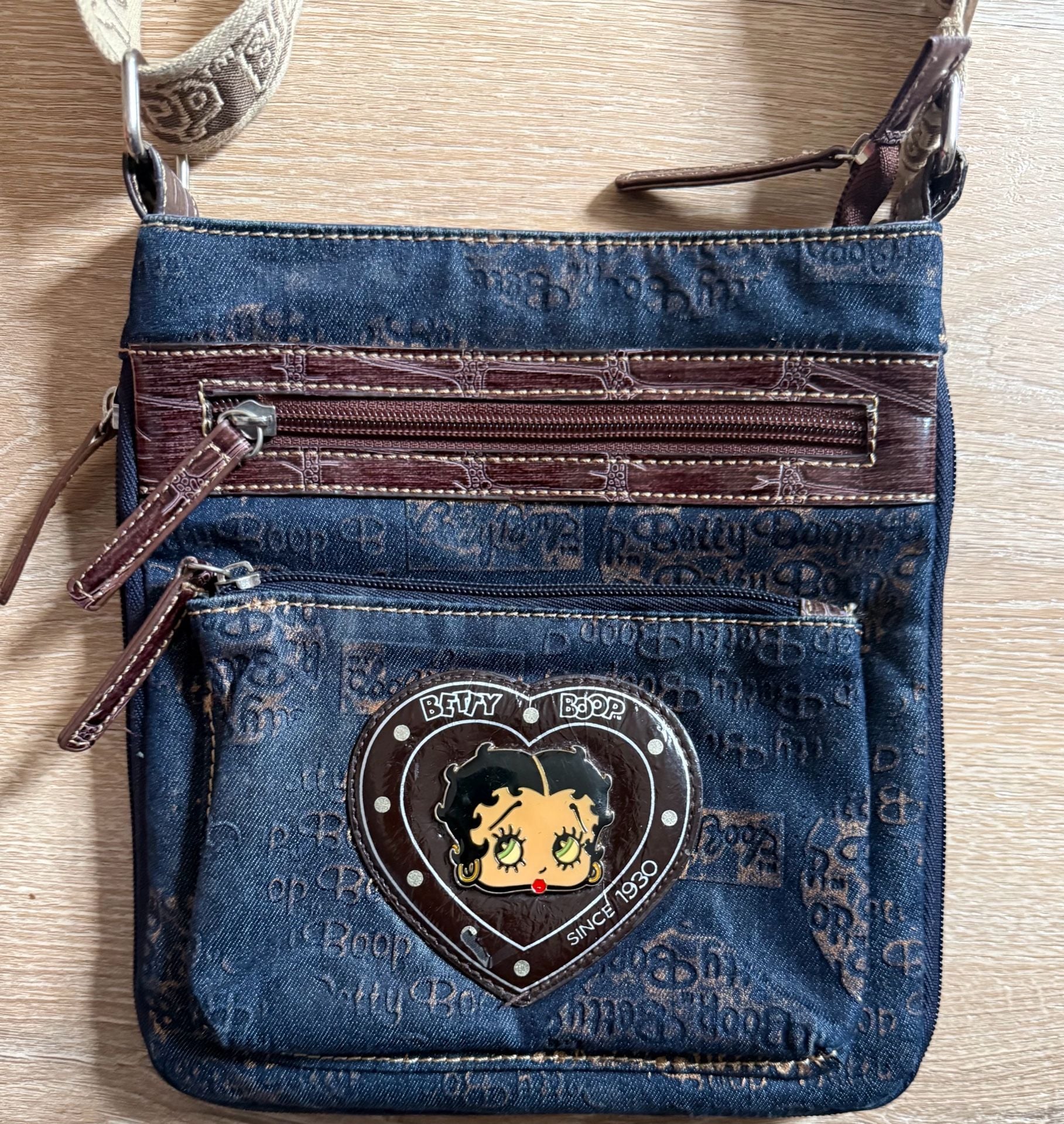 Vintage Betty Boop Crossbody Bag Denim Blue Brown Y2K Heart Since 1930 2
