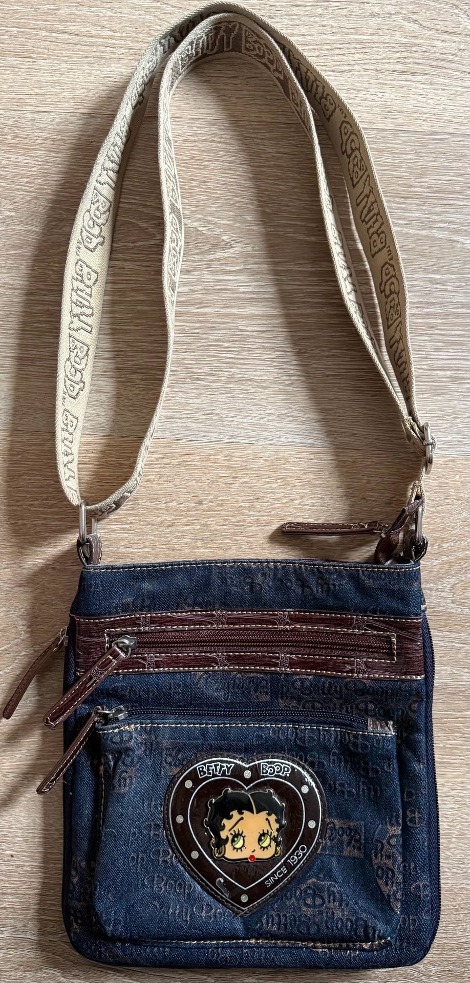 Vintage Betty Boop Crossbody Bag Denim Blue Brown Y2K Heart Since 1930 3