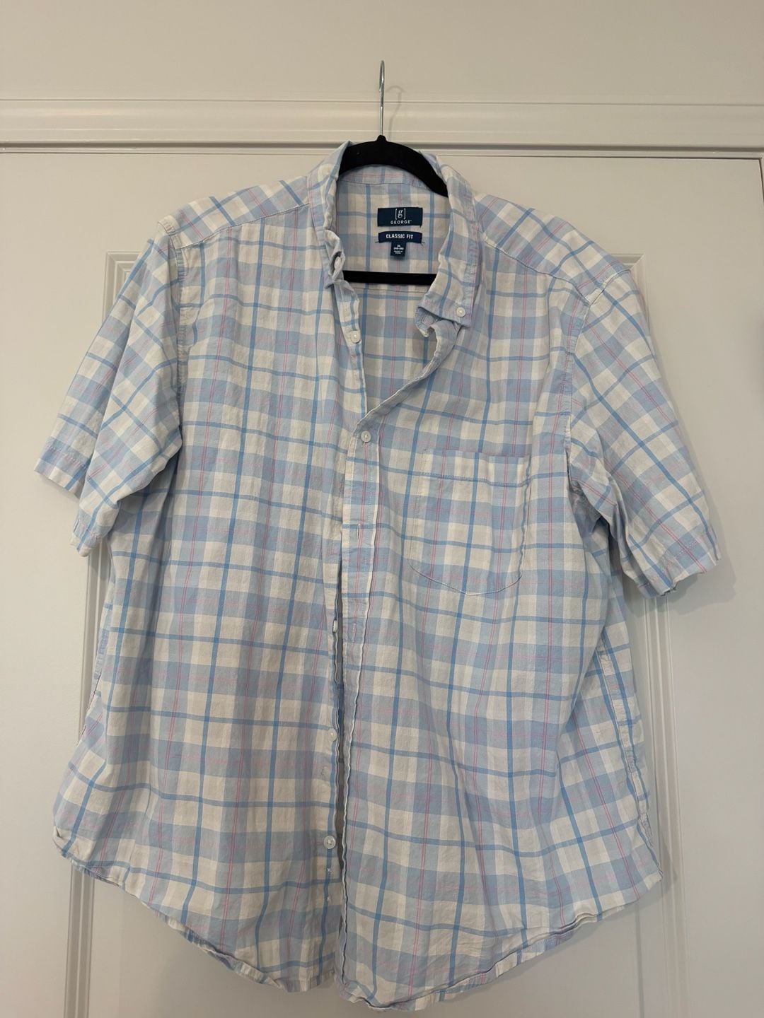 George Classic Fit Plaid Short Sleeve Shirt Size XL Blue White 2
