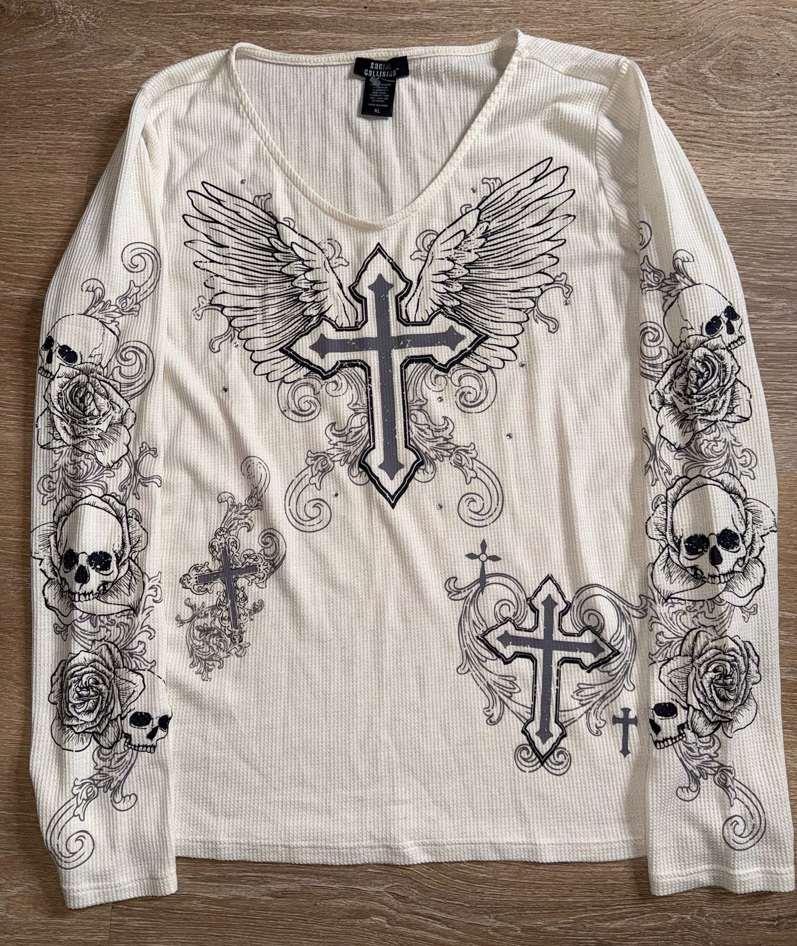 Vintage Social Collision Skull Rose Cross Long Sleeve Shirt XL Y2K Gothic 2