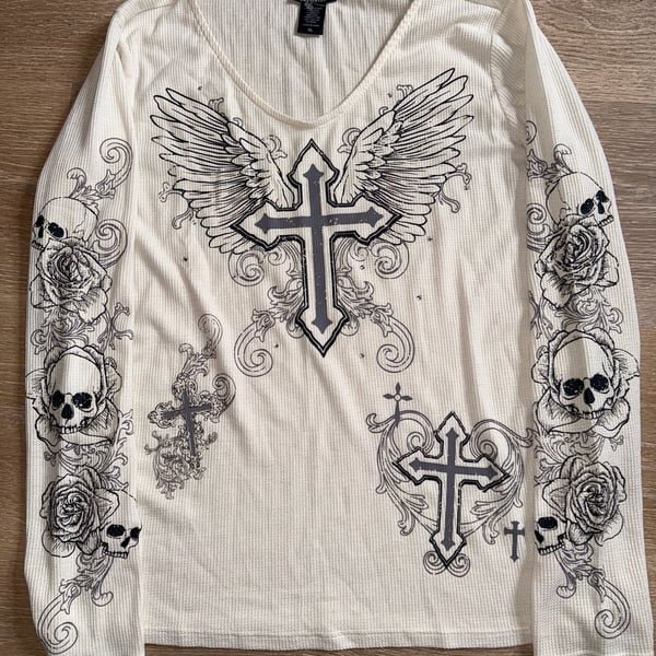 Vintage Social Collision Skull Rose Cross Long Sleeve Shirt XL Y2K Gothic