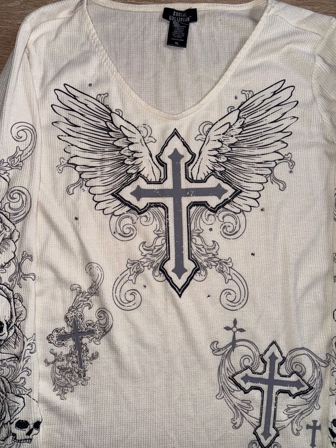 Vintage Social Collision Skull Rose Cross Long Sleeve Shirt XL Y2K Gothic 3