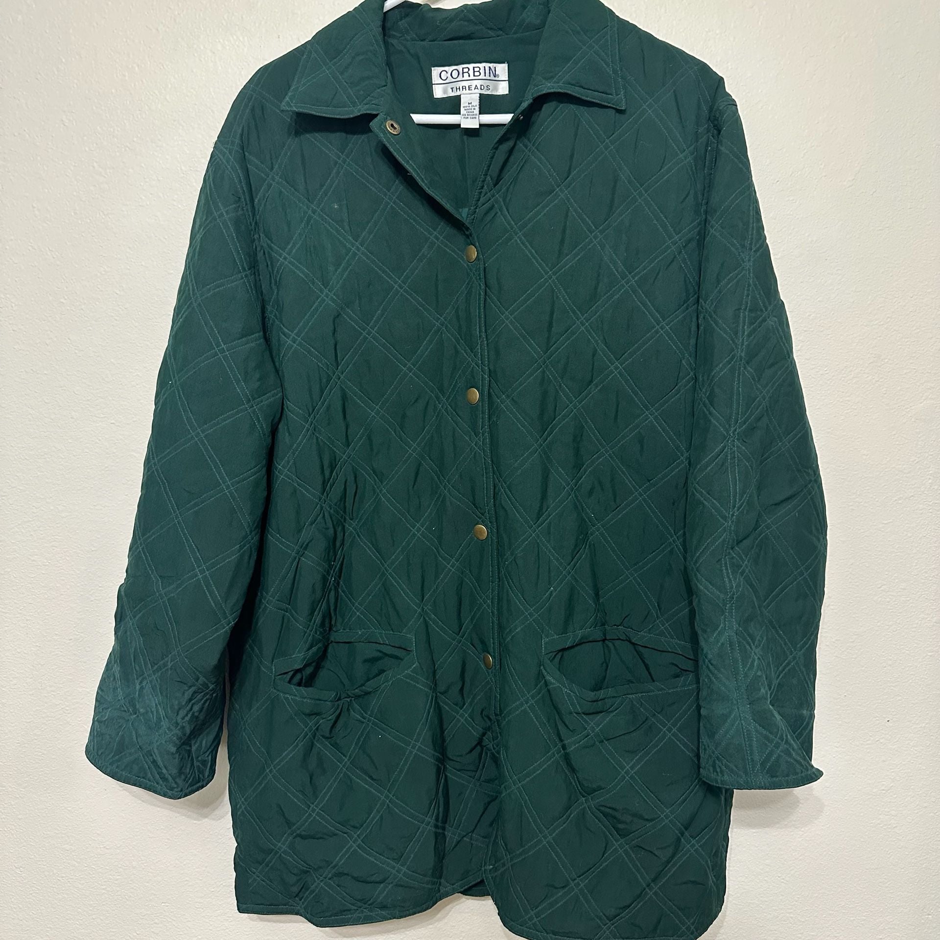 Vintage Corbin Threads Silk Quilted Barn Jacket Women’s M Green Snap Front Coat 2