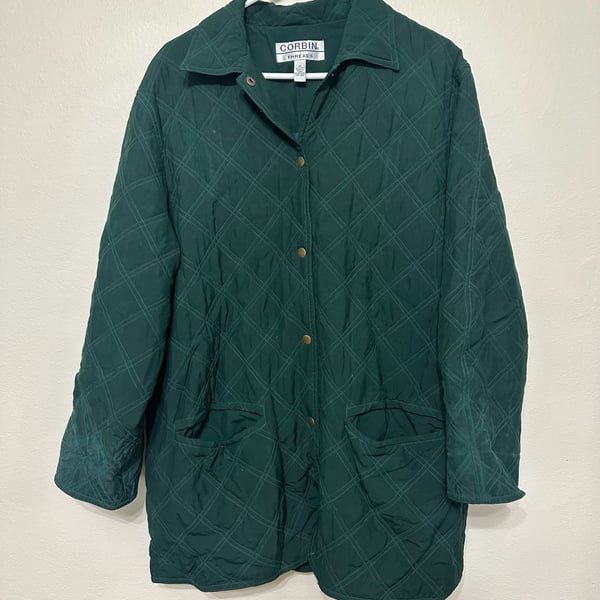 Vintage Corbin Threads Silk Quilted Barn Jacket Women’s M Green Snap Front Coat