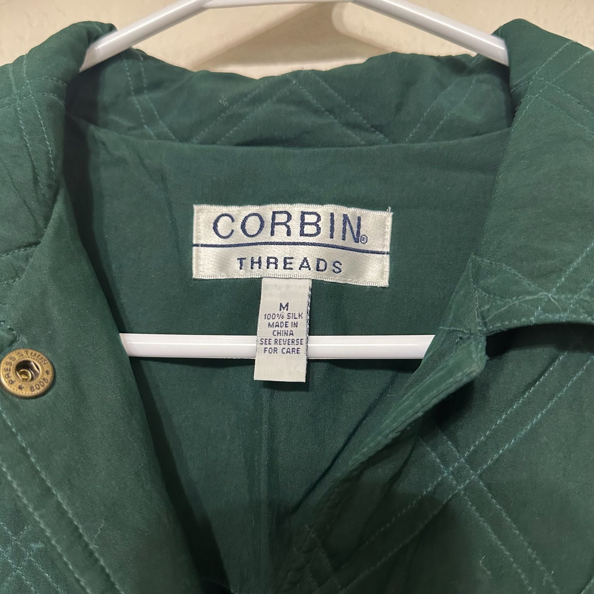 Vintage Corbin Threads Silk Quilted Barn Jacket Women’s M Green Snap Front Coat 3