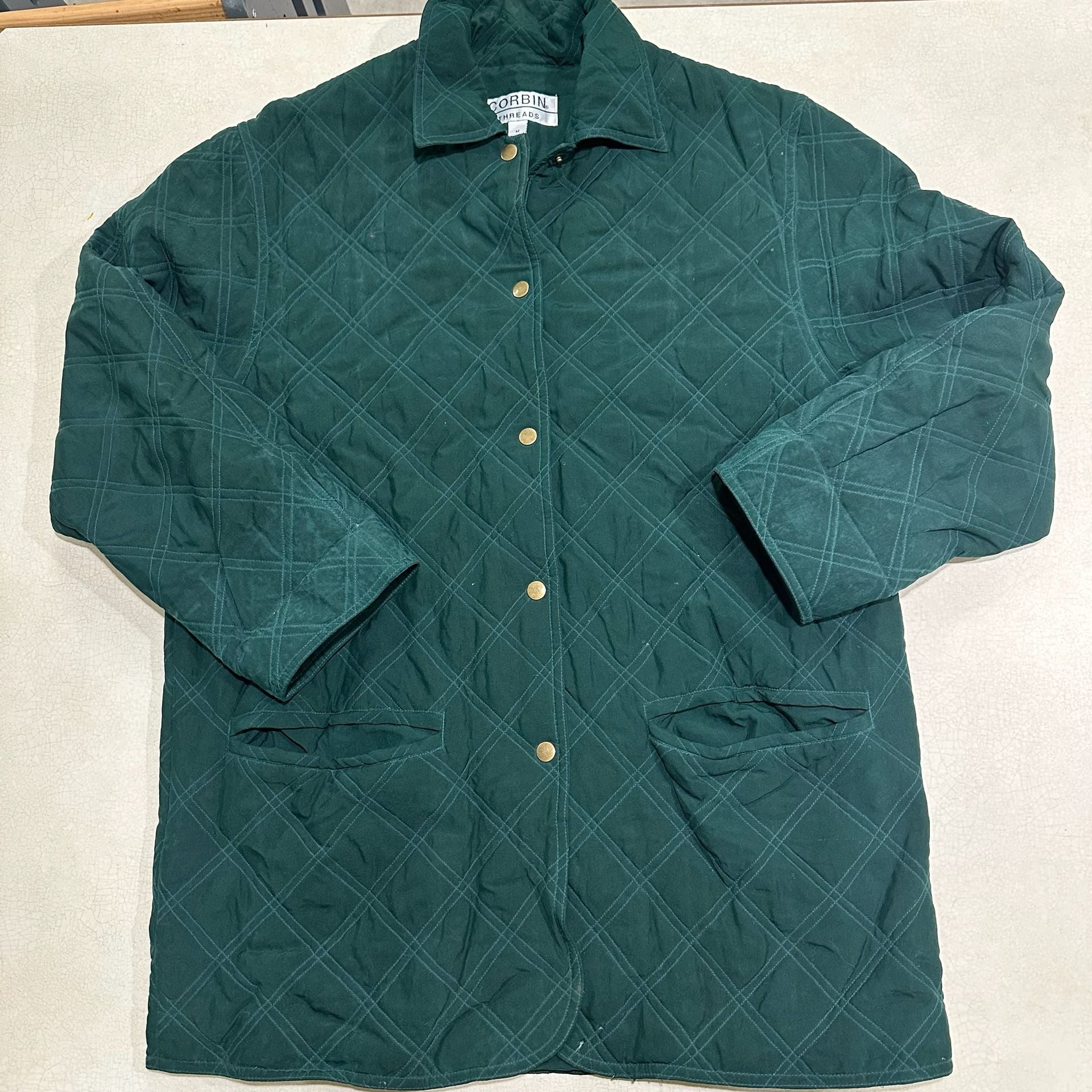 Vintage Corbin Threads Silk Quilted Barn Jacket Women’s M Green Snap Front Coat 5