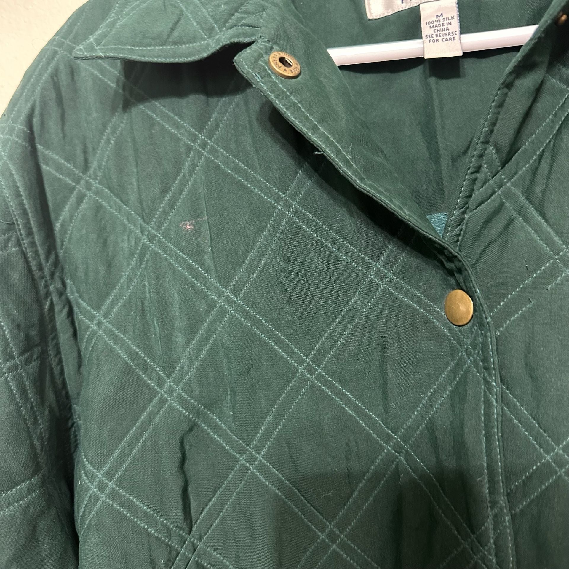 Vintage Corbin Threads Silk Quilted Barn Jacket Women’s M Green Snap Front Coat 10