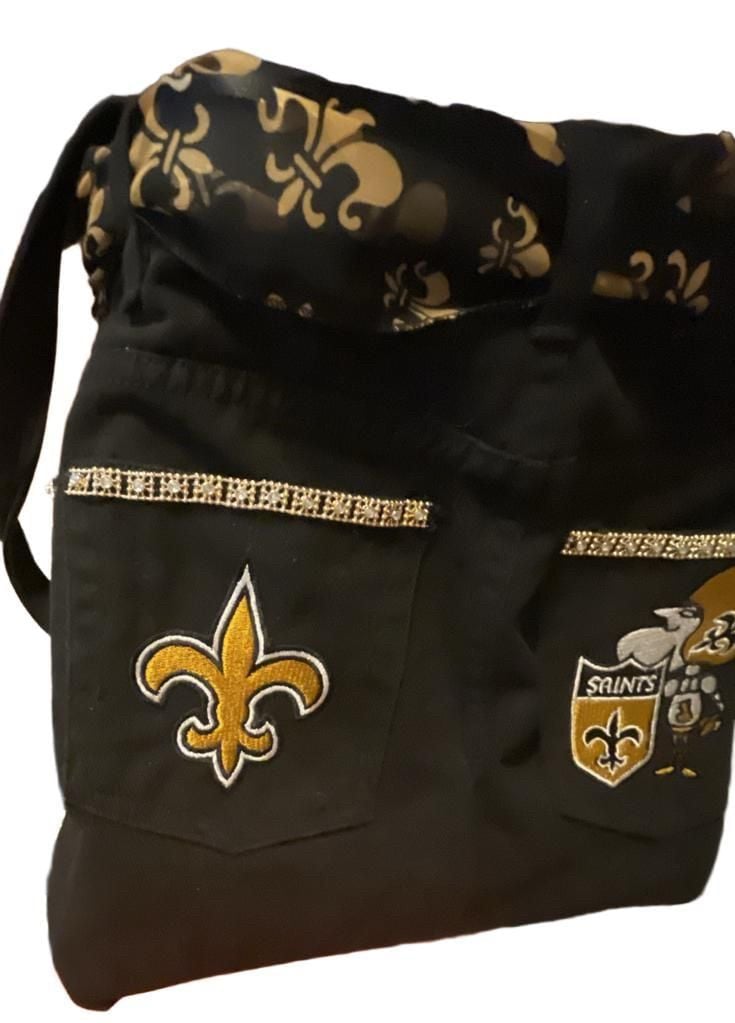New Orleans Saints Team Fan Tote Bag Black Velvet Denim Upcycled Handmade NWOT 10