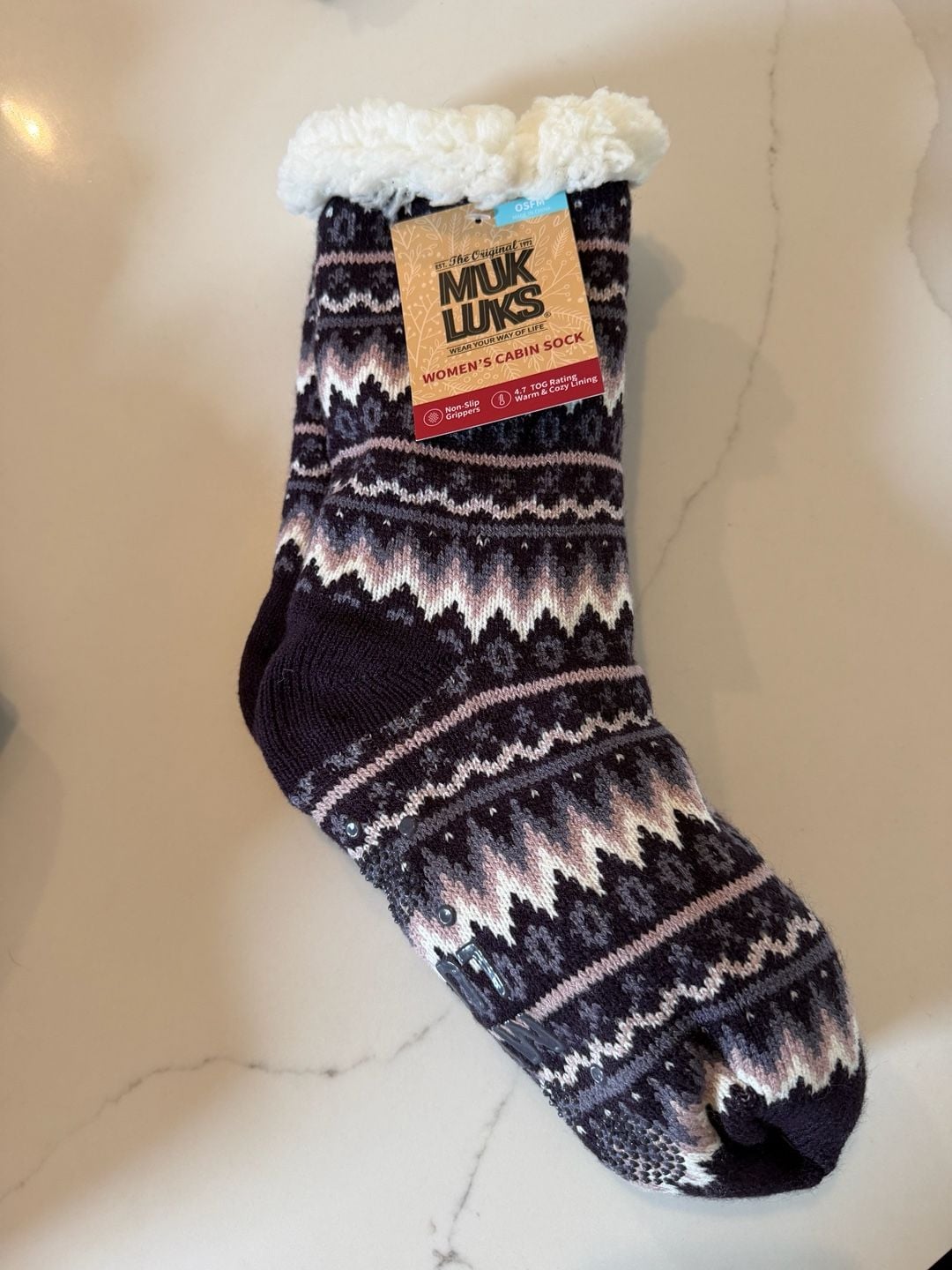 Muk Luks Cabin Sock Size OSFM Purple Fair Isle Sherpa Lined 1