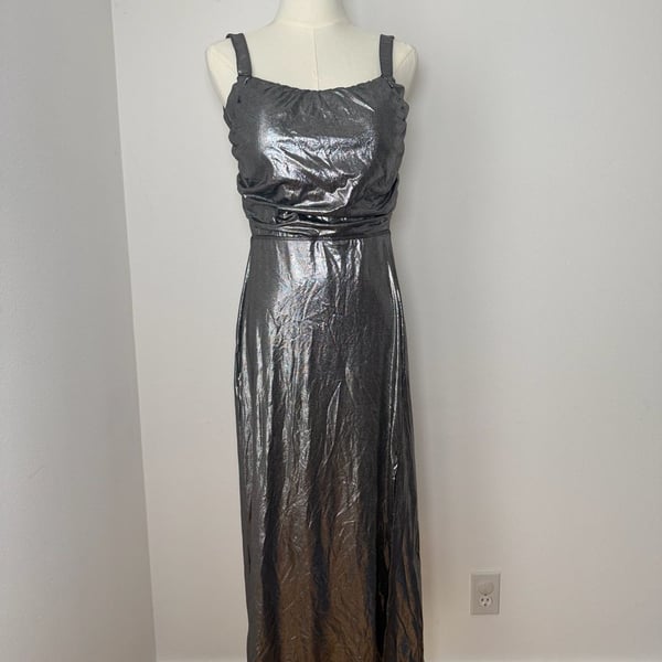 Halara Midi Dress Size L Shiny Black Silver Metallic Cowl Neck Slit