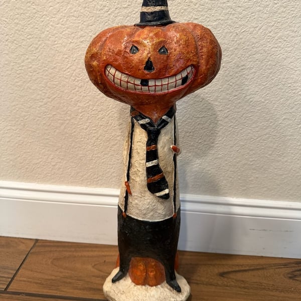 21” Pumpkin Head Halloween Figurine Witch Hat Primitive Folk Art Jack O Lantern