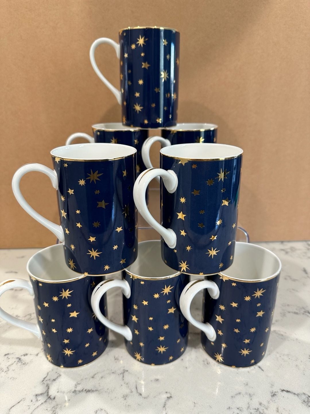 Pre owned, set of 8, Sakura Galaxy Blue porcelain coffee mugs featuring a navy blue celestial star pattern and 14K gold trim, Approximate Size: About 4 1/4 inches tall. Great condition, One of the cups has minimal sign of use, please refer to the photogra 3