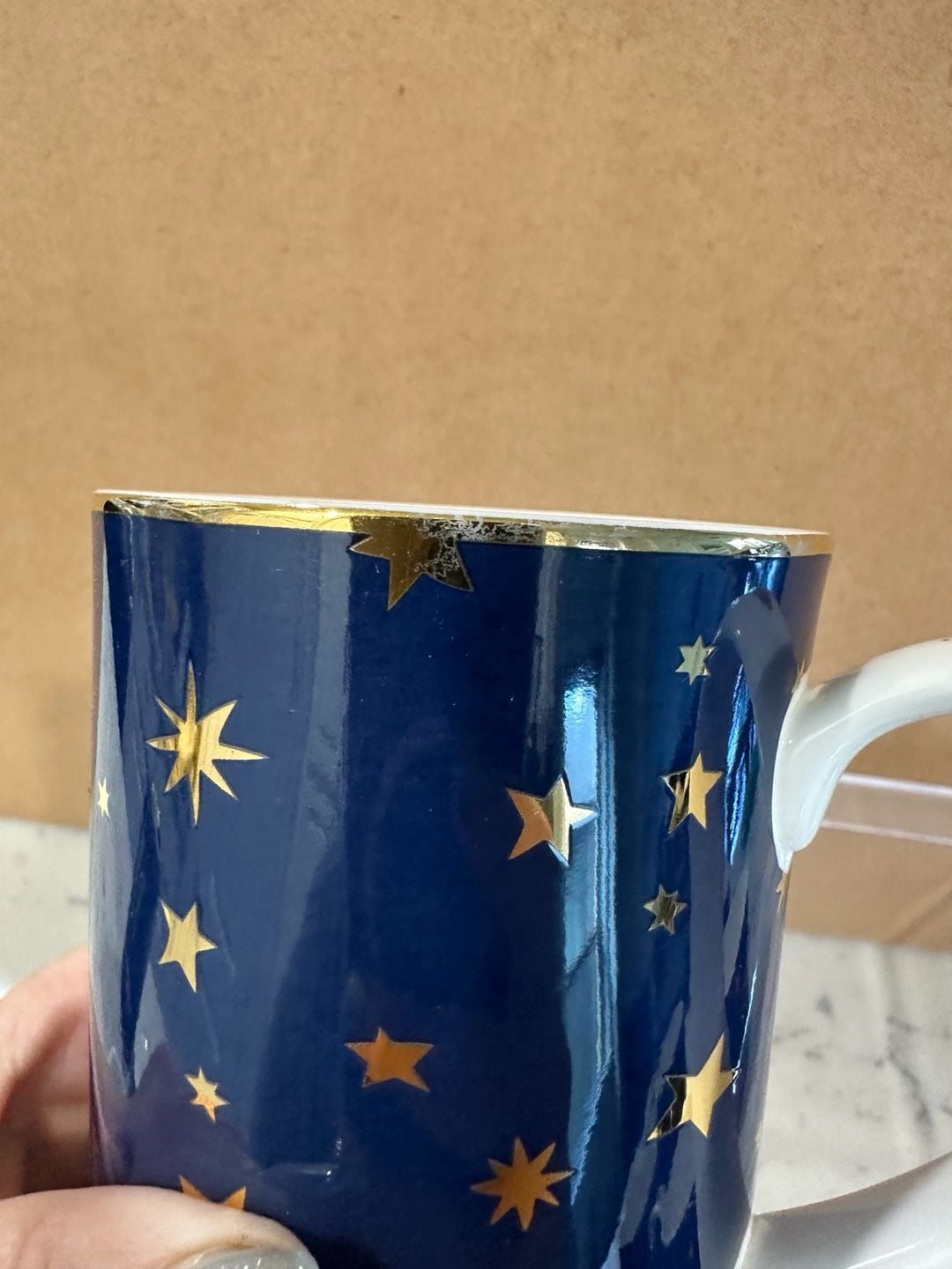 Pre owned, set of 8, Sakura Galaxy Blue porcelain coffee mugs featuring a navy blue celestial star pattern and 14K gold trim, Approximate Size: About 4 1/4 inches tall. Great condition, One of the cups has minimal sign of use, please refer to the photogra 7
