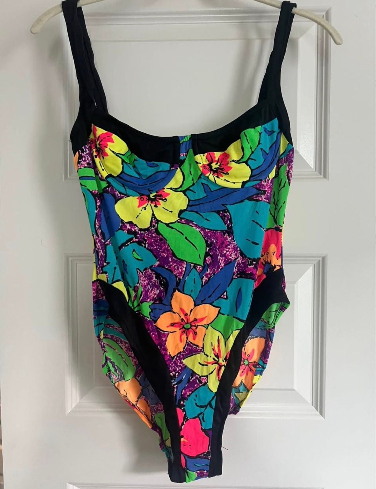 Activa Vintage Floral One-Piece Swimsuit Size 9/10 Neon 80s 2