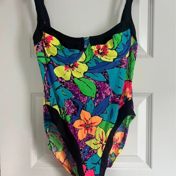 Activa Vintage Floral One-Piece Swimsuit Size 9/10 Neon 80s