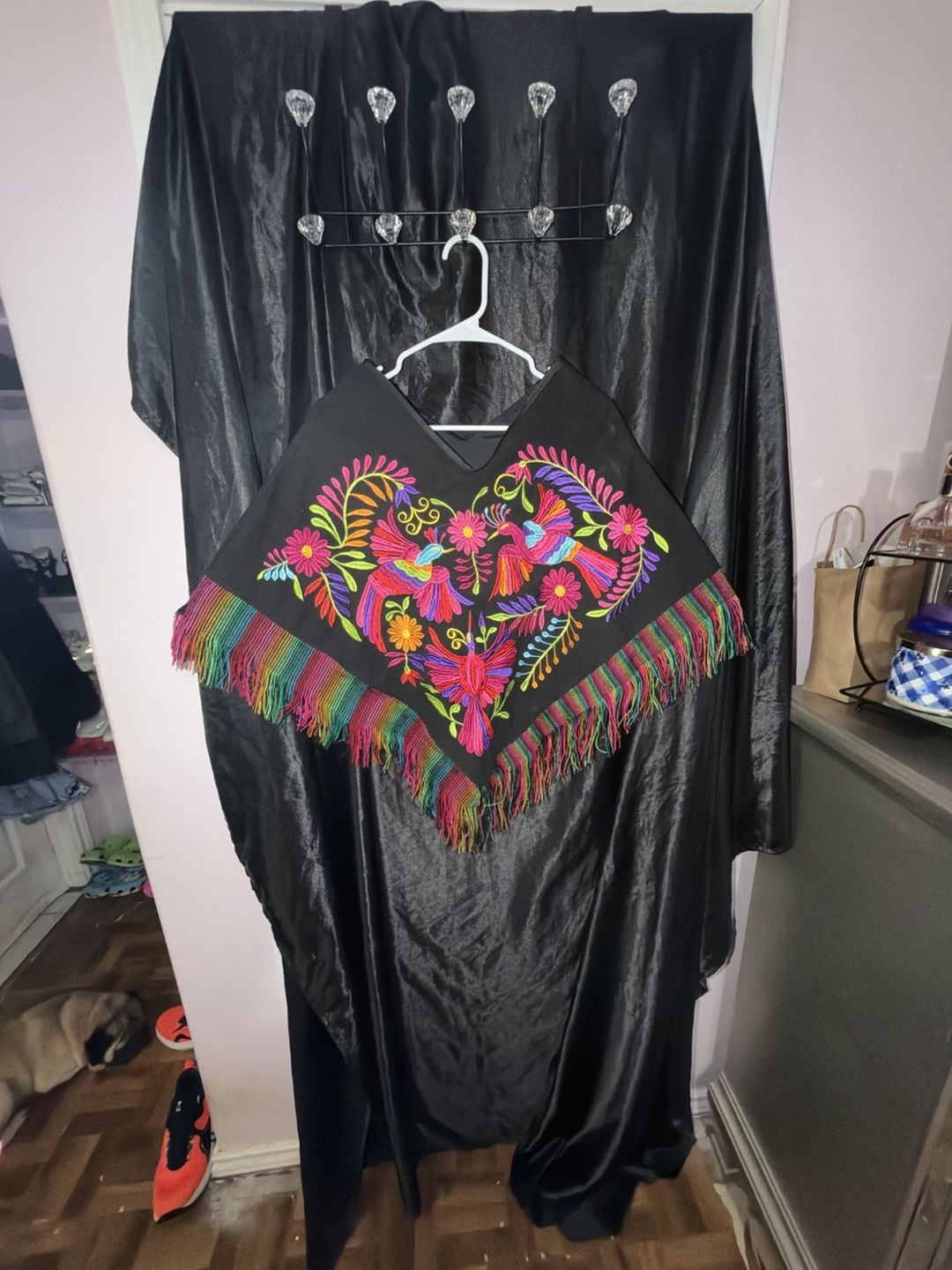 Mexican Artisan Hand Embroidered Otomi Poncho Black Multicolor Fringe 2