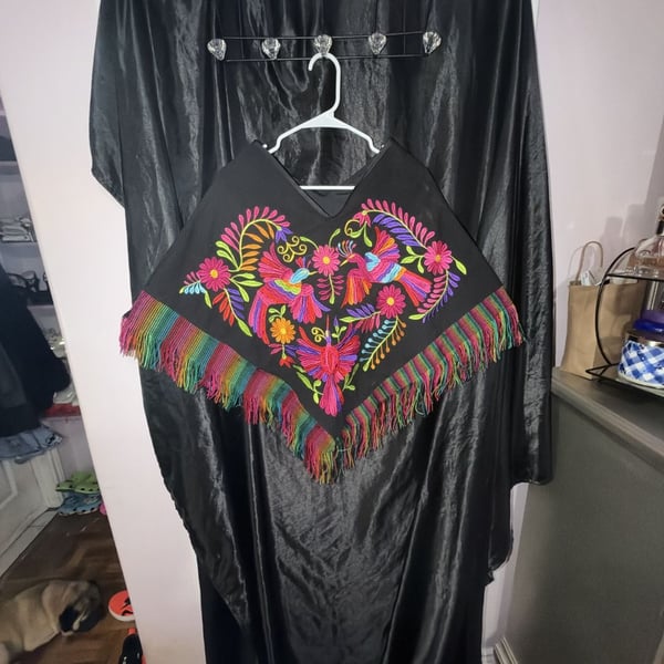Mexican Artisan Hand Embroidered Otomi Poncho Black Multicolor Fringe