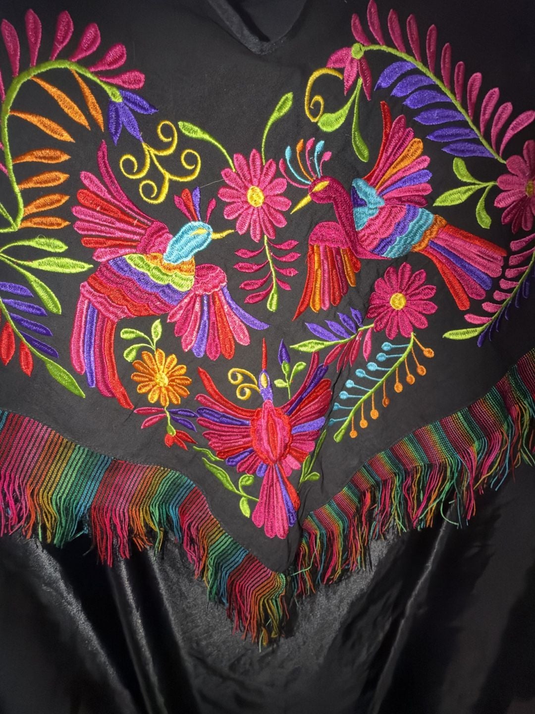 Mexican Artisan Hand Embroidered Otomi Poncho Black Multicolor Fringe 4
