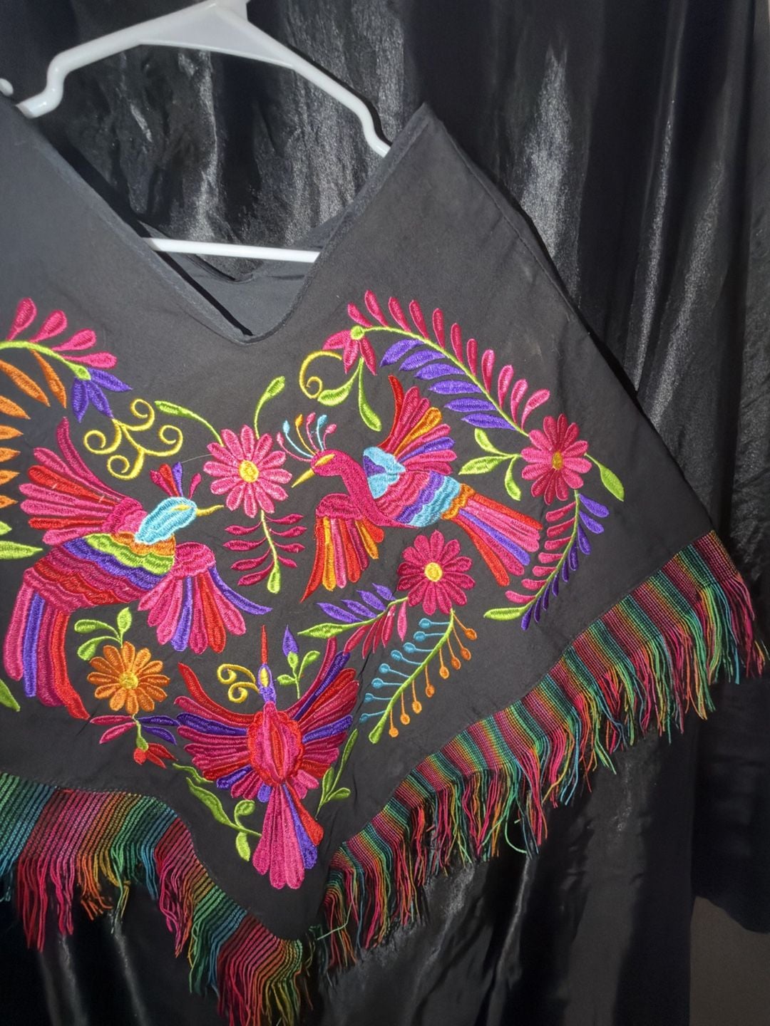 Mexican Artisan Hand Embroidered Otomi Poncho Black Multicolor Fringe 5