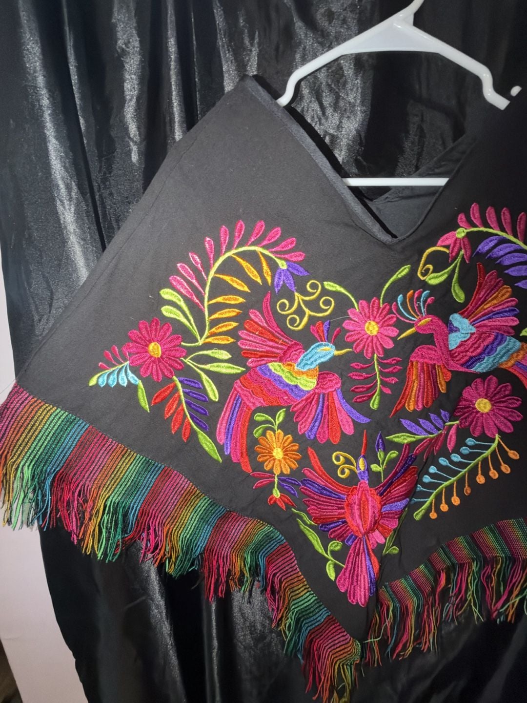 Mexican Artisan Hand Embroidered Otomi Poncho Black Multicolor Fringe 6