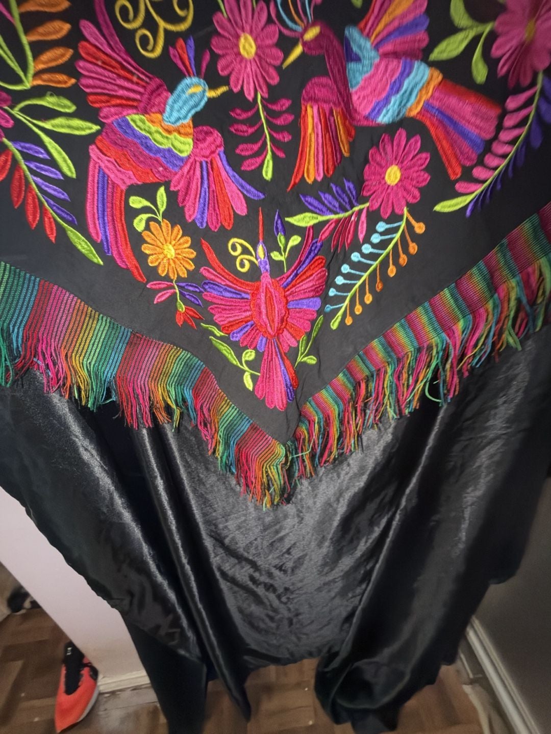 Mexican Artisan Hand Embroidered Otomi Poncho Black Multicolor Fringe 7