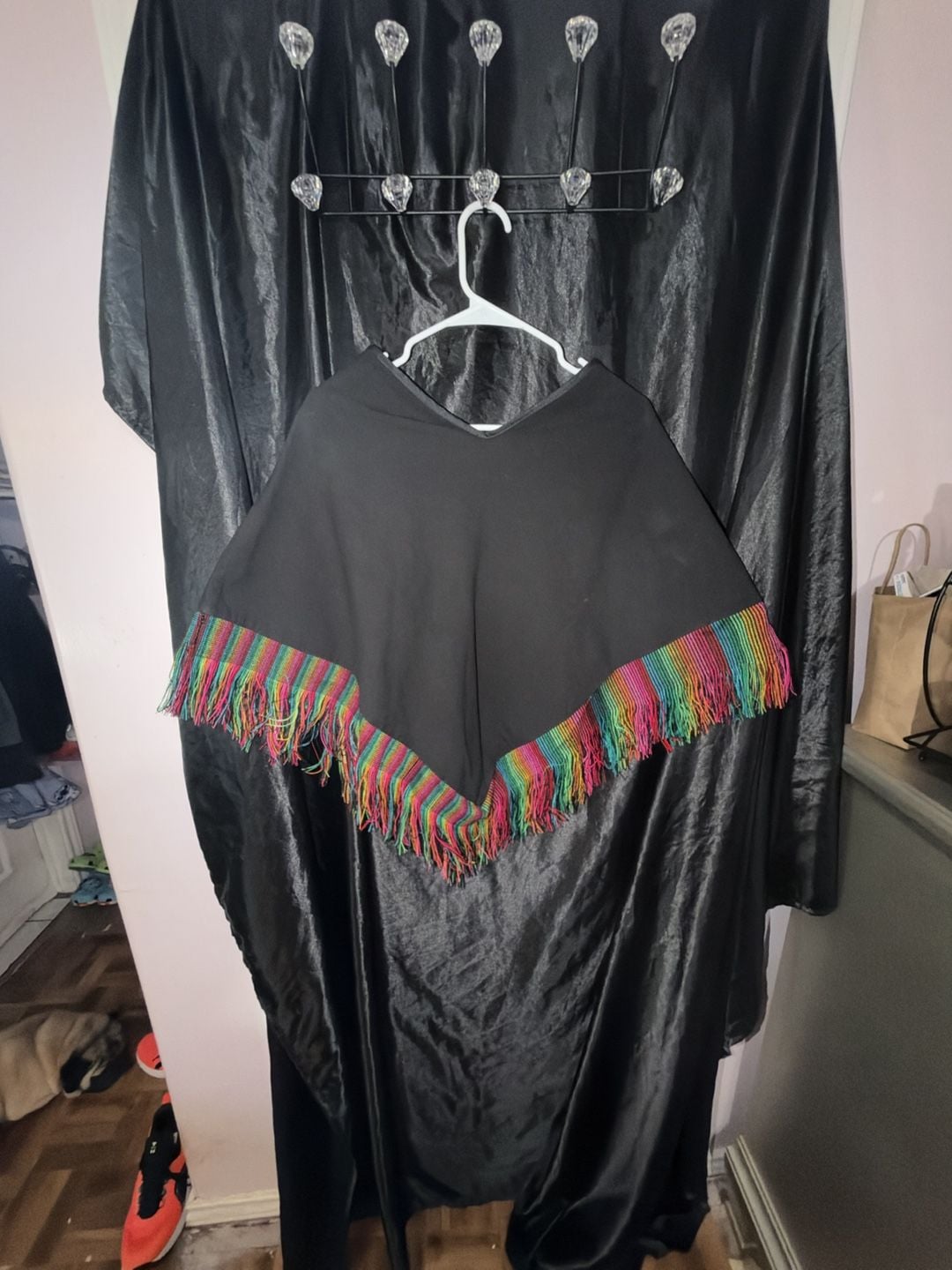 Mexican Artisan Hand Embroidered Otomi Poncho Black Multicolor Fringe 8