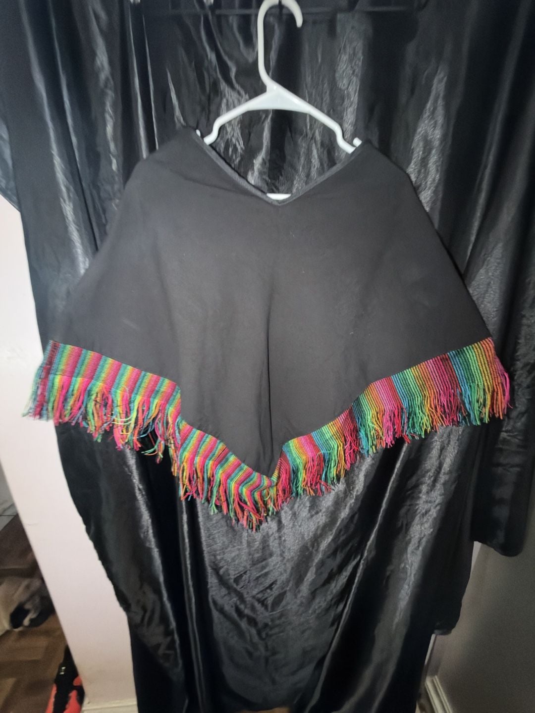Mexican Artisan Hand Embroidered Otomi Poncho Black Multicolor Fringe 9