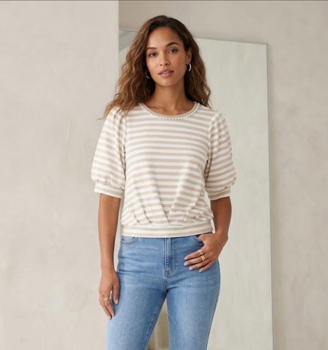 Cupio Blush Striped Puff Sleeve Pearl Trim Top Size L Beige Ivory 2