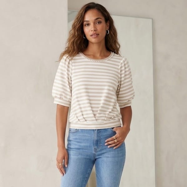 Cupio Blush Striped Puff Sleeve Pearl Trim Top Size L Beige Ivory