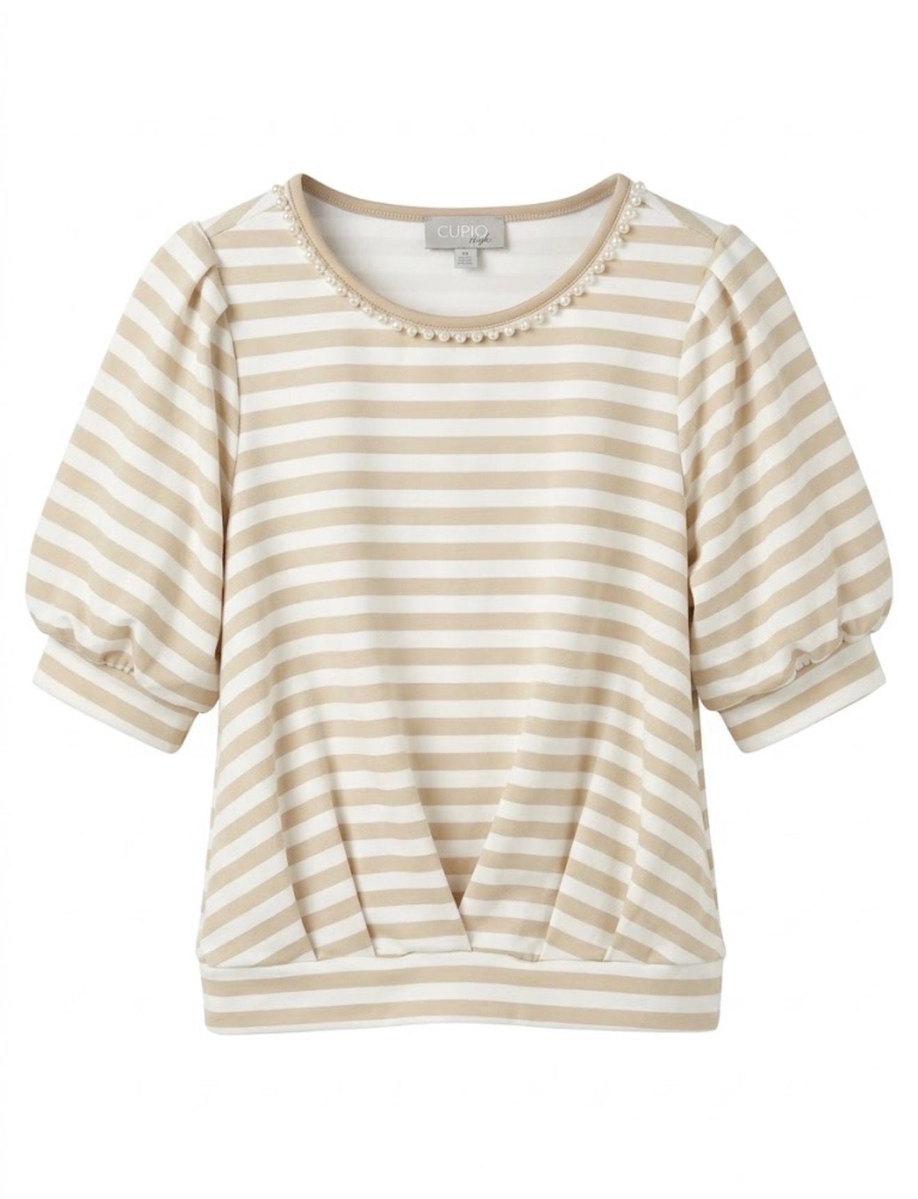 Cupio Blush Striped Puff Sleeve Pearl Trim Top Size L Beige Ivory 3