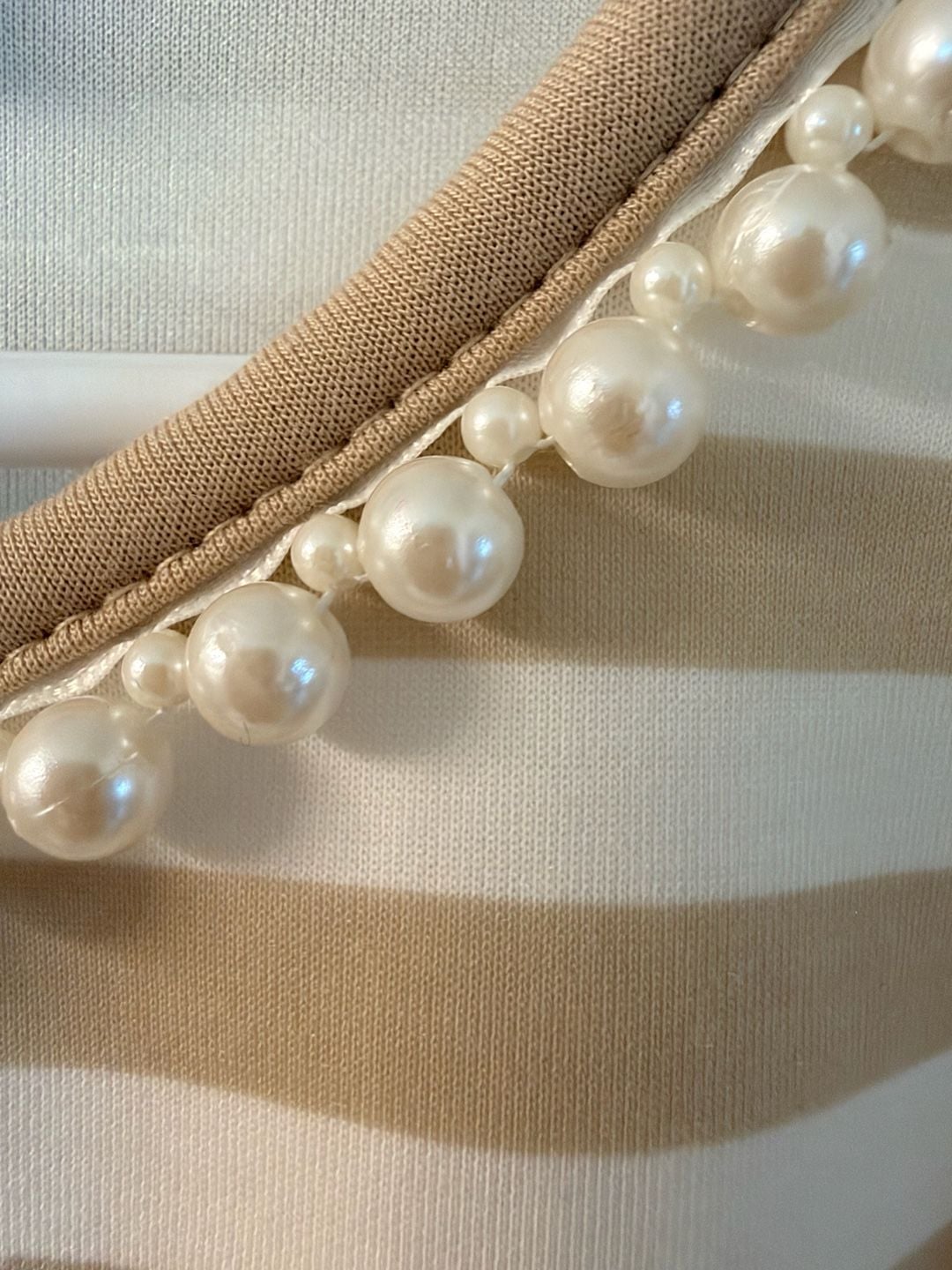 Cupio Blush Striped Puff Sleeve Pearl Trim Top Size L Beige Ivory 4