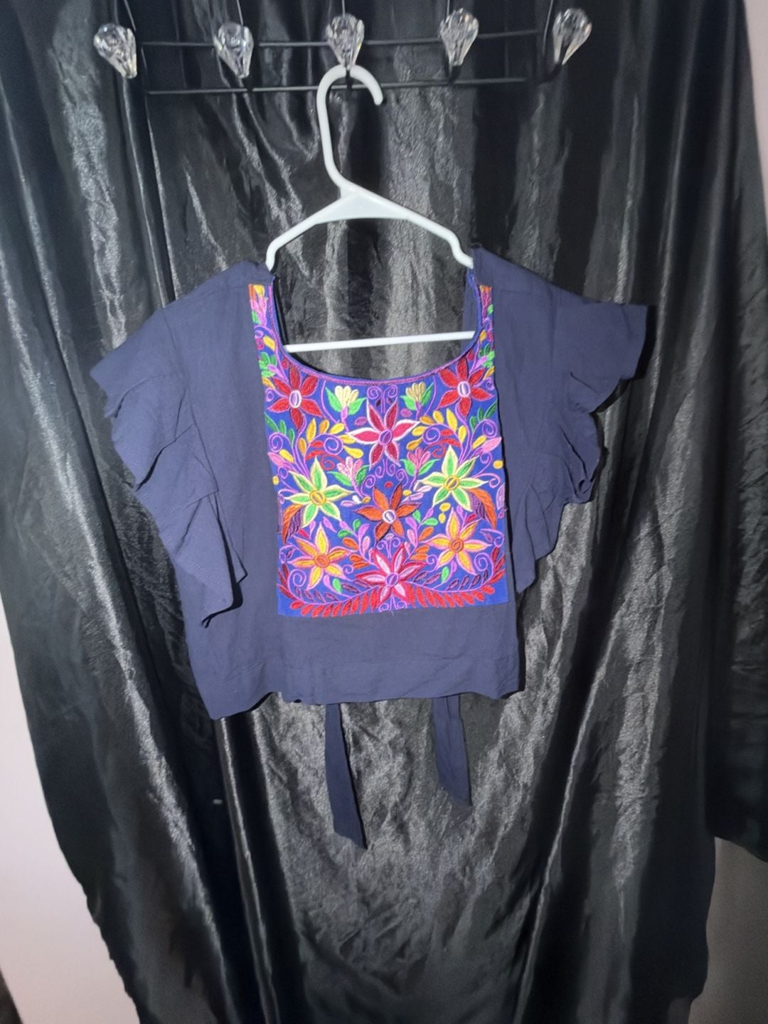 Mexican Artisan Embroidered Floral Ruffle Crop Top Navy Blue 2